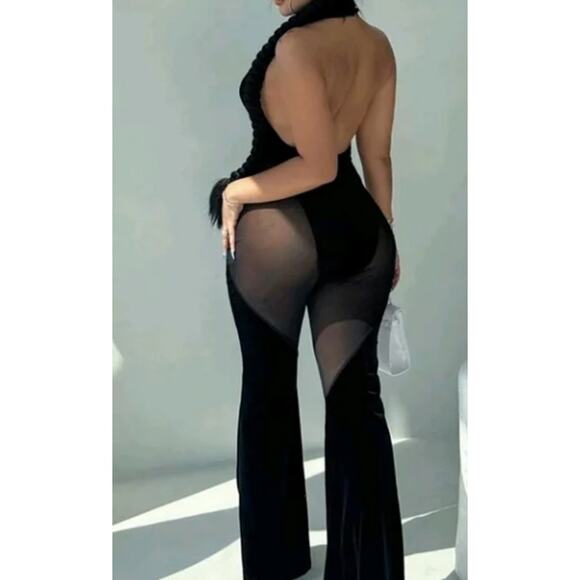 Black Contrast Mesh Velvet Sheer Halter Neck Open Back Flare Leg Jumpsuit Size L - Picture 2 of 13